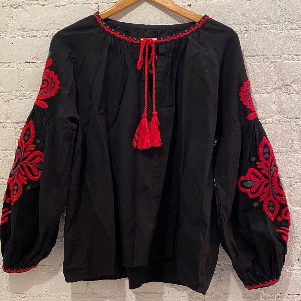 Vintage Navy Peasant Balloon Sleeve Blouse Red Floral Embroidery S/M EUC